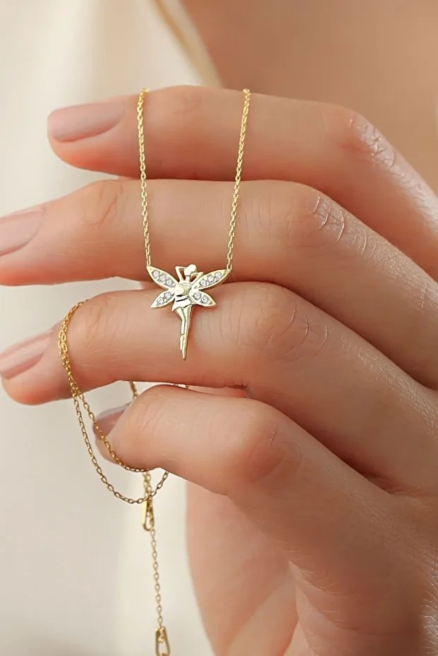 Gümüş Gold Kanatlı Peri Kız Kolye
