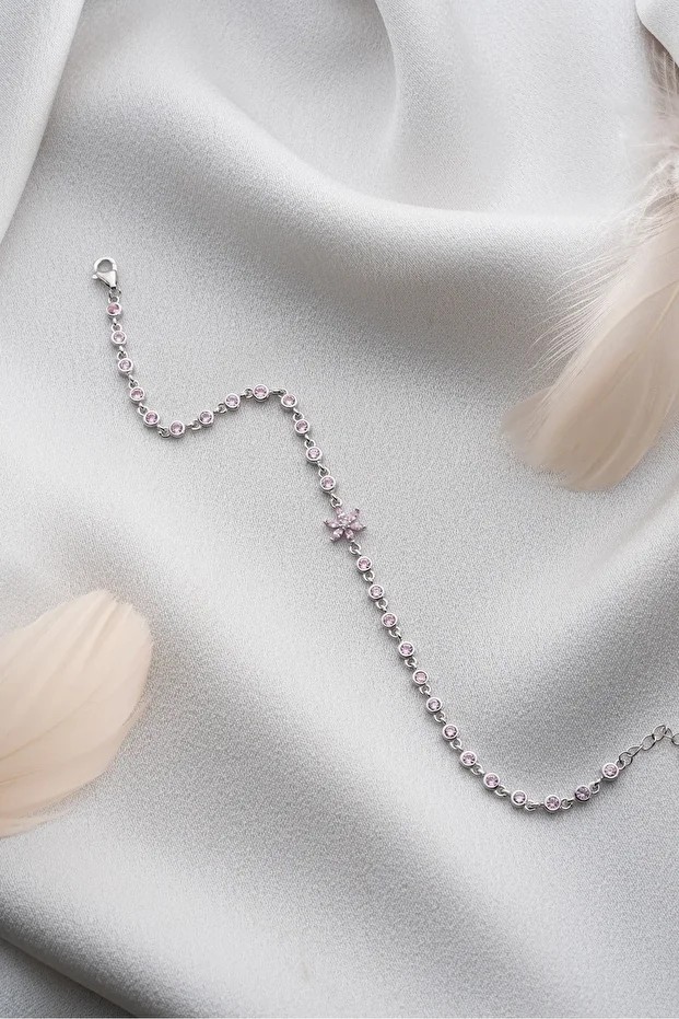 Gümüş Pembe Taşlı Lotus Su Yolu Bileklik