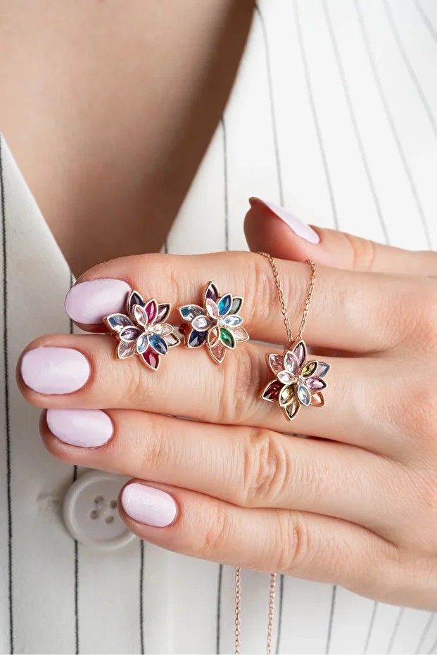 Lotus Çiçeği Gümüş Kolye Küpe Set