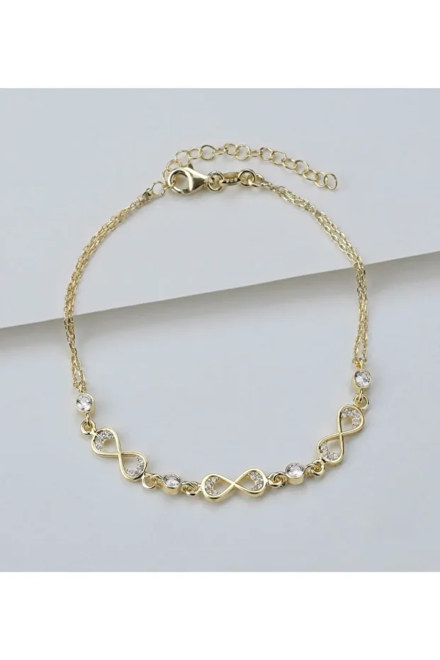 Gold 3'lü Sonsuzluk Zirkon Taşlı Gümüş Bileklik