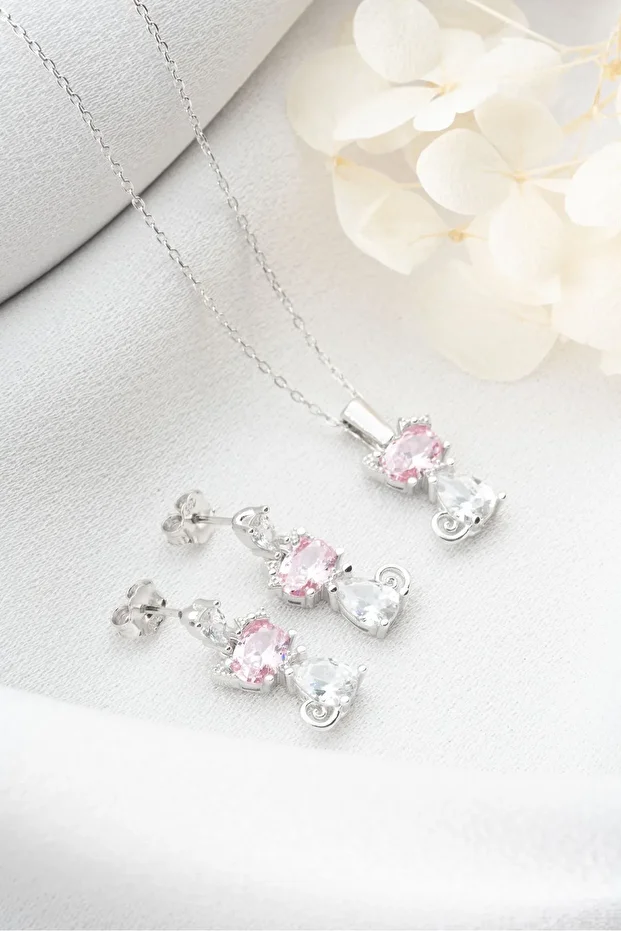 Gümüş Pembe Taşlı Kedi Kolye Küpe Seti