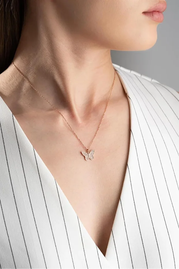 Rose Kelebek Gümüş Kolye