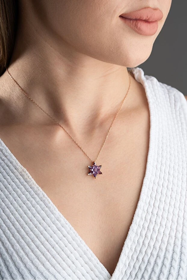 Gümüş Mor Lotus Çiçeği Kolye