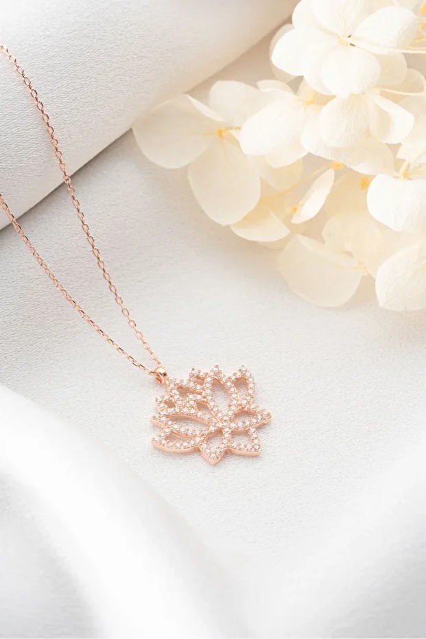 Gümüş Rose Lotus Çiçeği Kolye