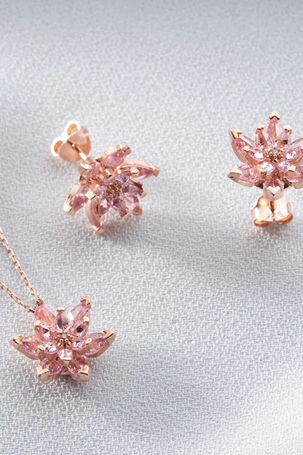 Gümüş Pembe Lotus Çiçeği Kolye Küpe Seti