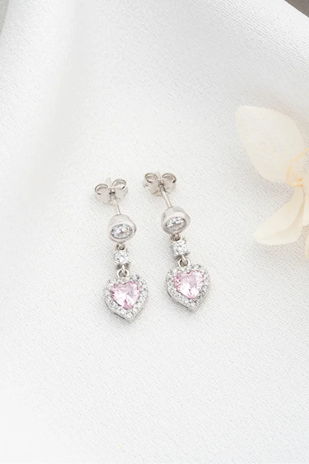 Gümüş Zirkon Taşlı Pembe Kalp Küpe