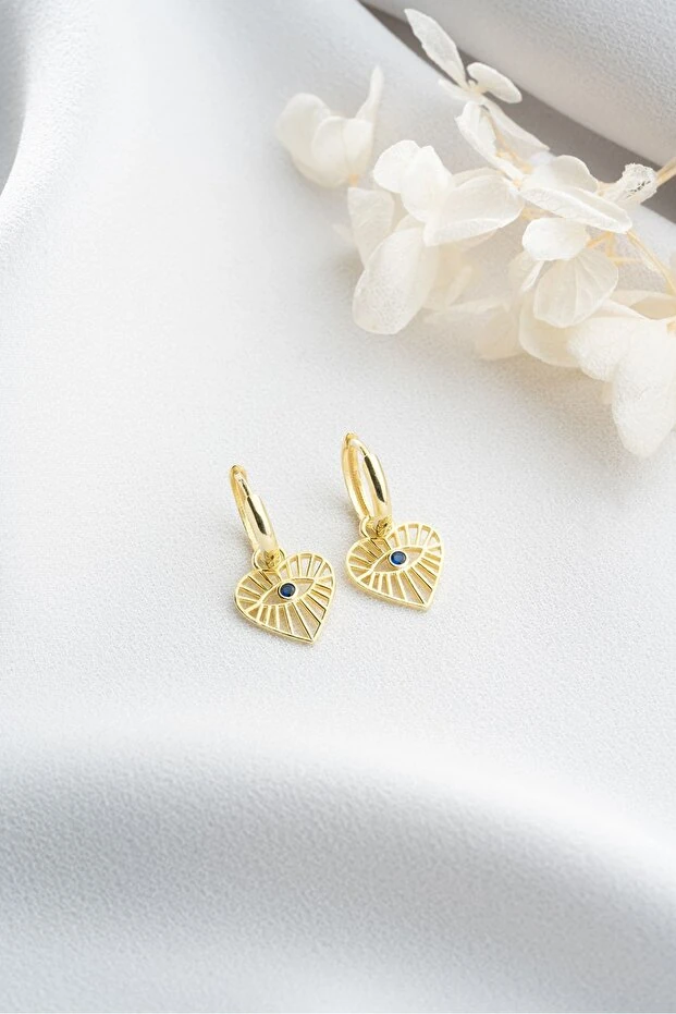 Gümüş Gold Göz Detaylı Kalp Küpe