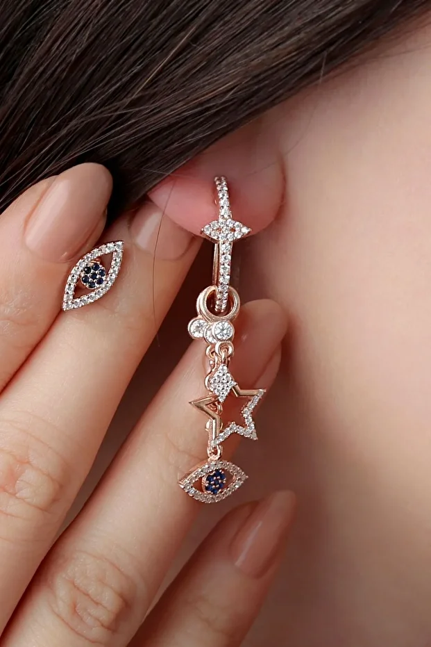 Gümüş Göz Detaylı Sallantılı-çivili Ikili Trend Küpe (tek)