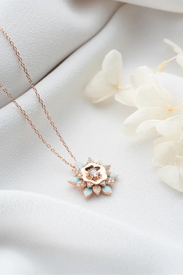 Gümüş Rose Mavi Mineli Lotus Kolye