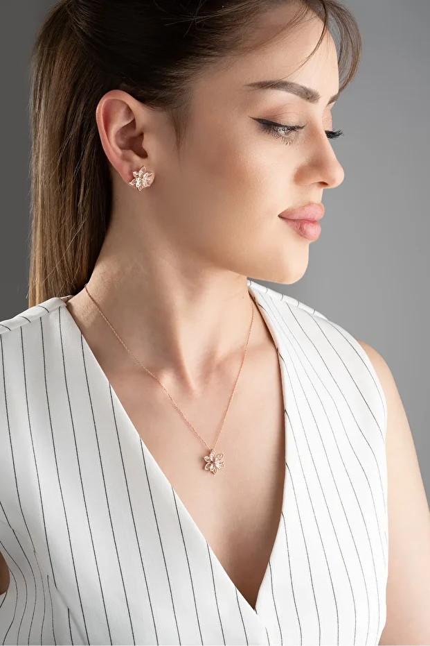 Lotus Çiçeği Gümüş Kolye Küpe Set