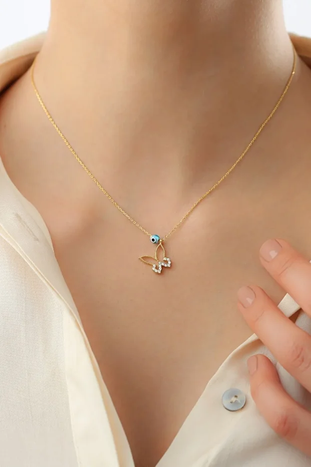 Nazarlı Kelebek Gold Gümüş Kolye