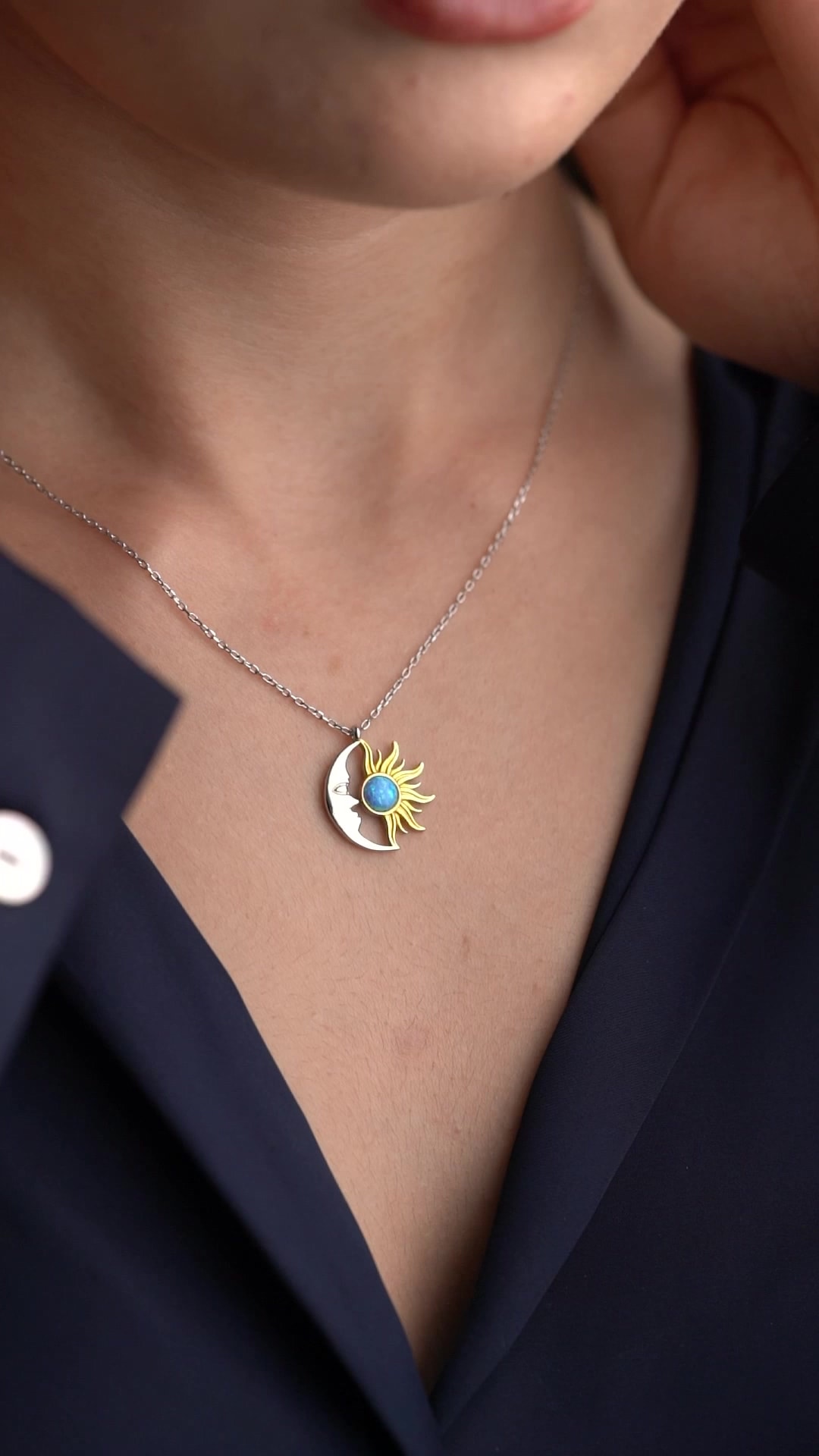 Gümüş Opal Taşlı Ay ve Güneş Kolye