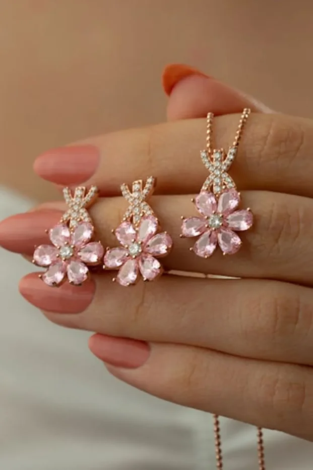 Gümüş Lotus Çiçeği Kolye-küpe Takı Seti