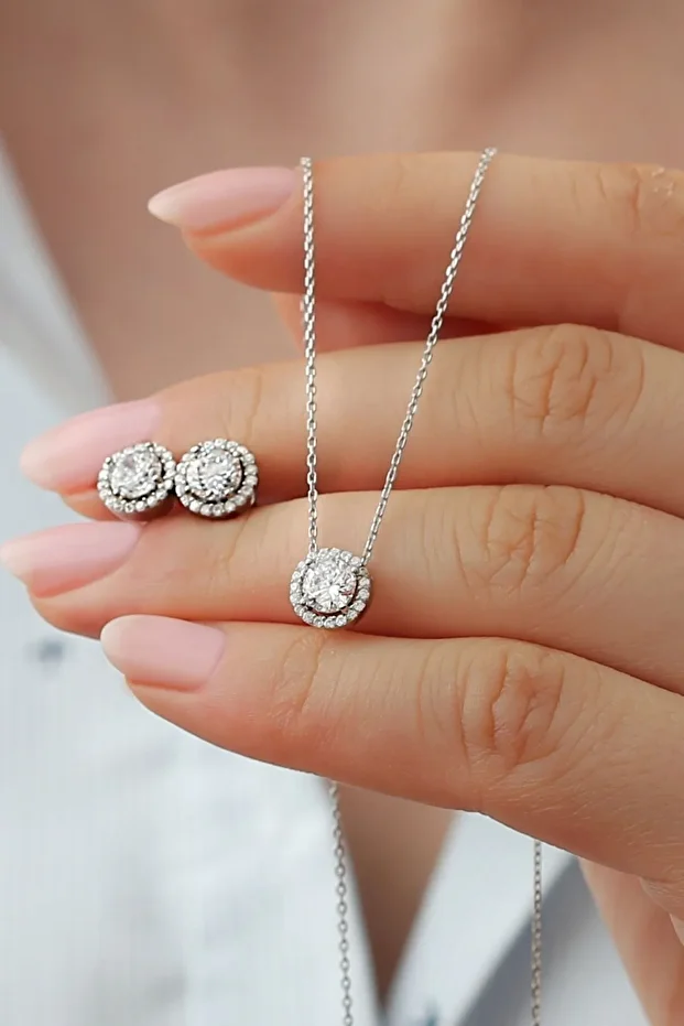 Gümüş Pırlanta Model Kolye Küpe Seti ( Rodyum )