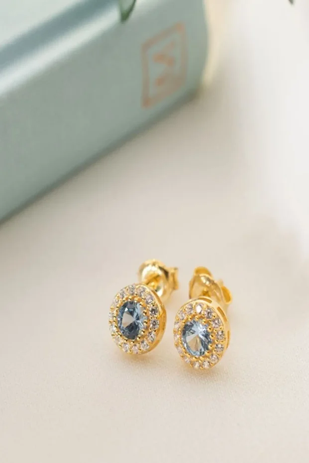 Gold Zirkon Taşlı Yuvarlak Mart Ayı Doğum Taşı Gümüş Küpe