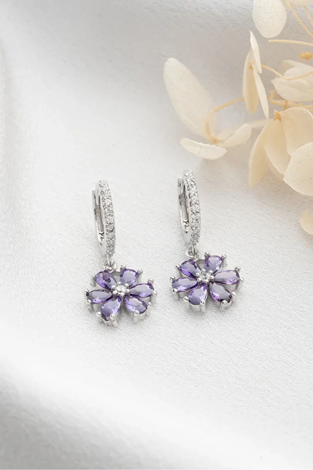 Gümüş Mor Lotus Çiçeği Küpe