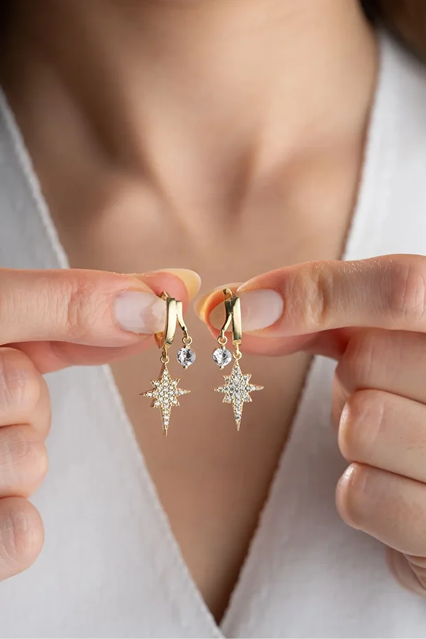 Gümüş Gold Çift Taşlı Kutup Yıldızı Küpe