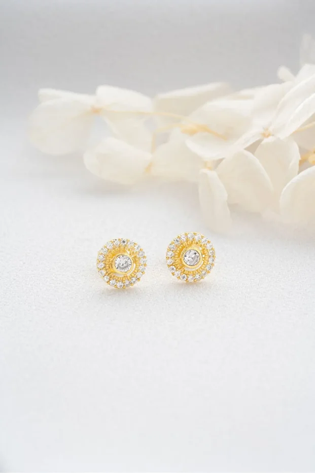 Gümüş Gold Taşlı Minik Çivili Küpe