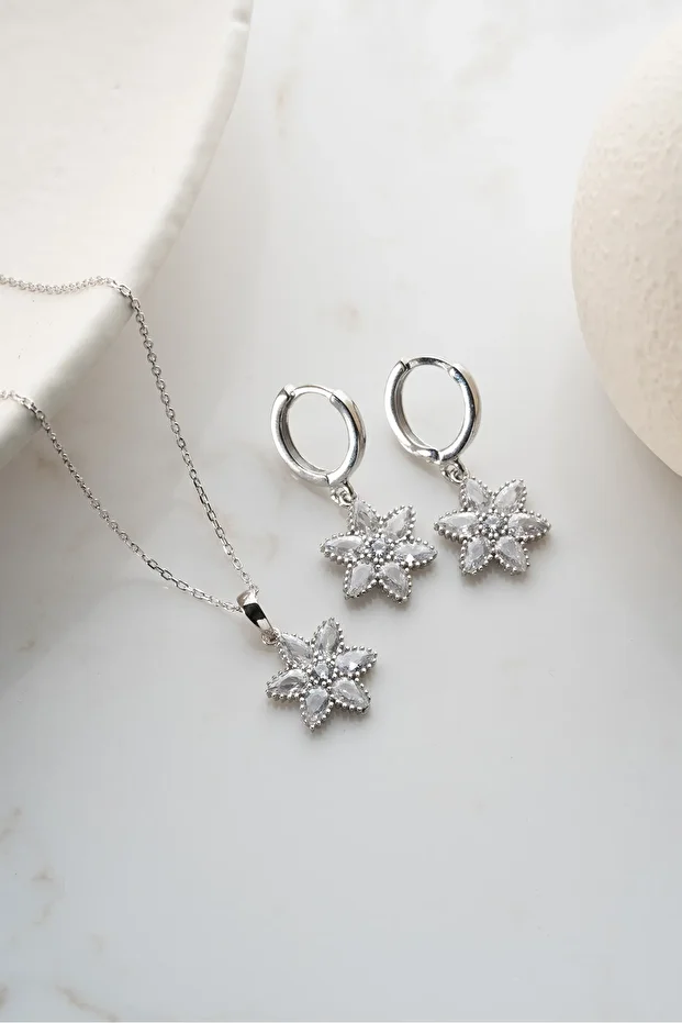 Gümüş Zirkon Taşlı Lotus (Kolye-Küpe) Set