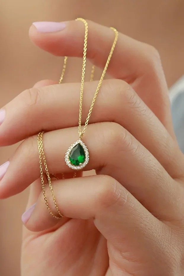 Gümüş Gold Zümrüt Damla Kolye