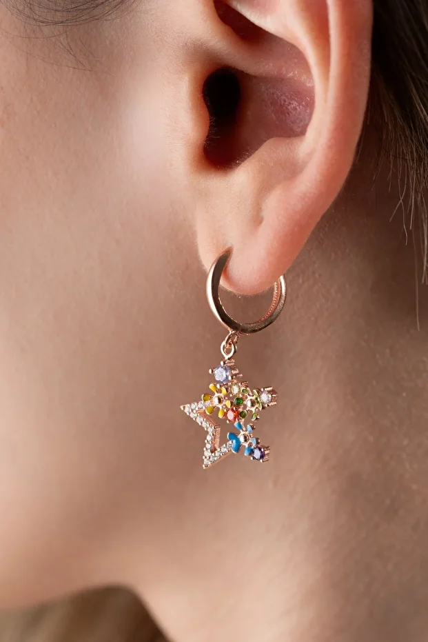 Gümüş Rose Mix Taşlı Yıldız Küpe