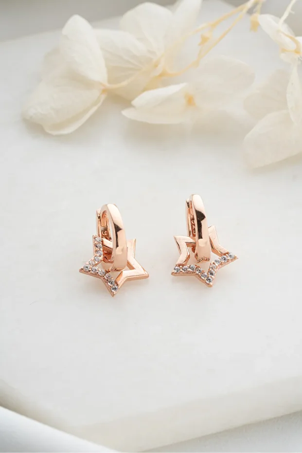 Gümüş Rose Zirkon Taşlı Yıldız Küpe