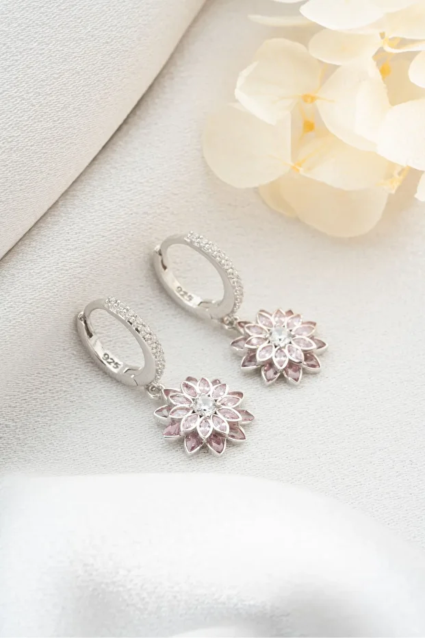 Gümüş Pembe Lotus Çiçeği Küpe