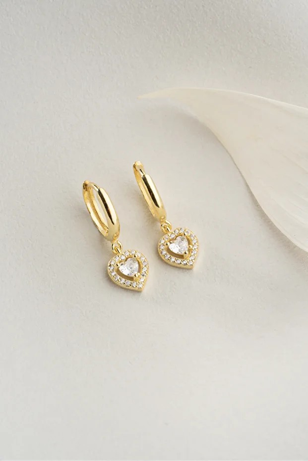Gümüş Gold Zirkon Taşlı Kalp Küpe