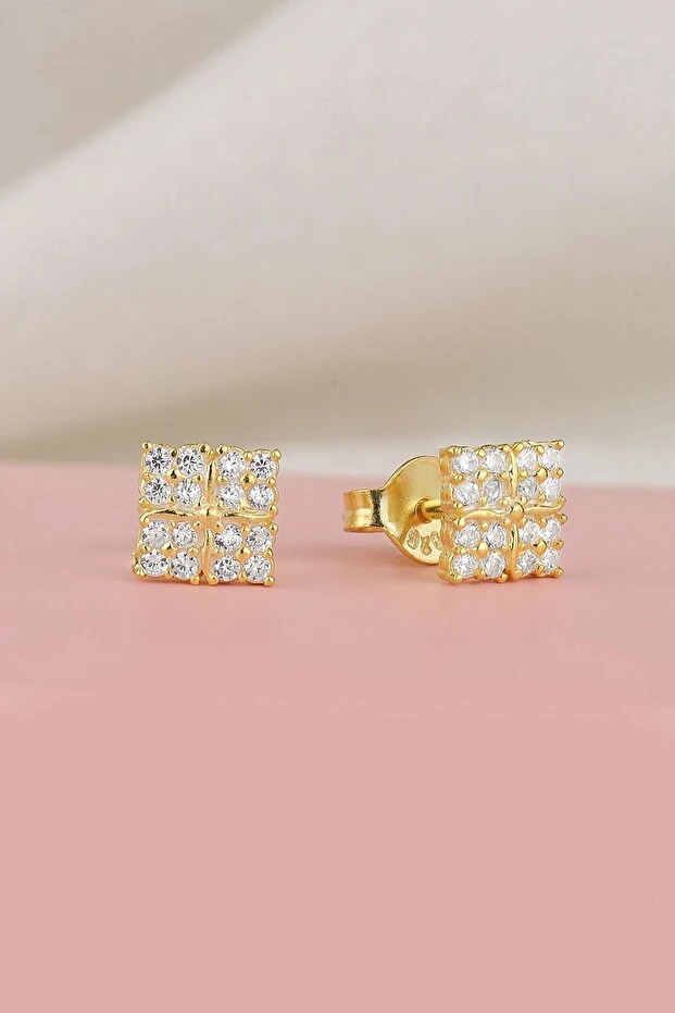 Gold Zirkon Taşlı Gümüş Küpe