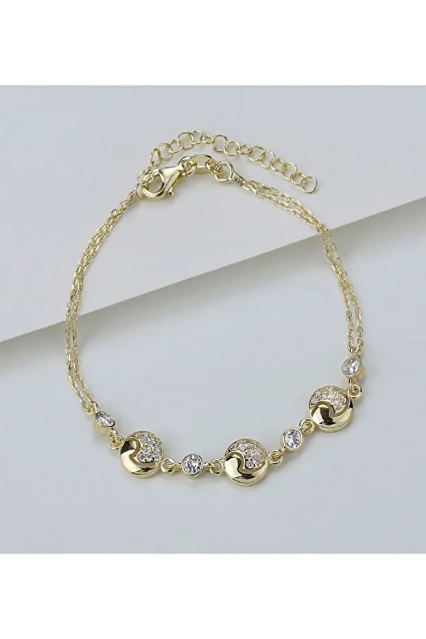 Gold Yuvarlak Zirkon Taşlı Gümüş Bileklik