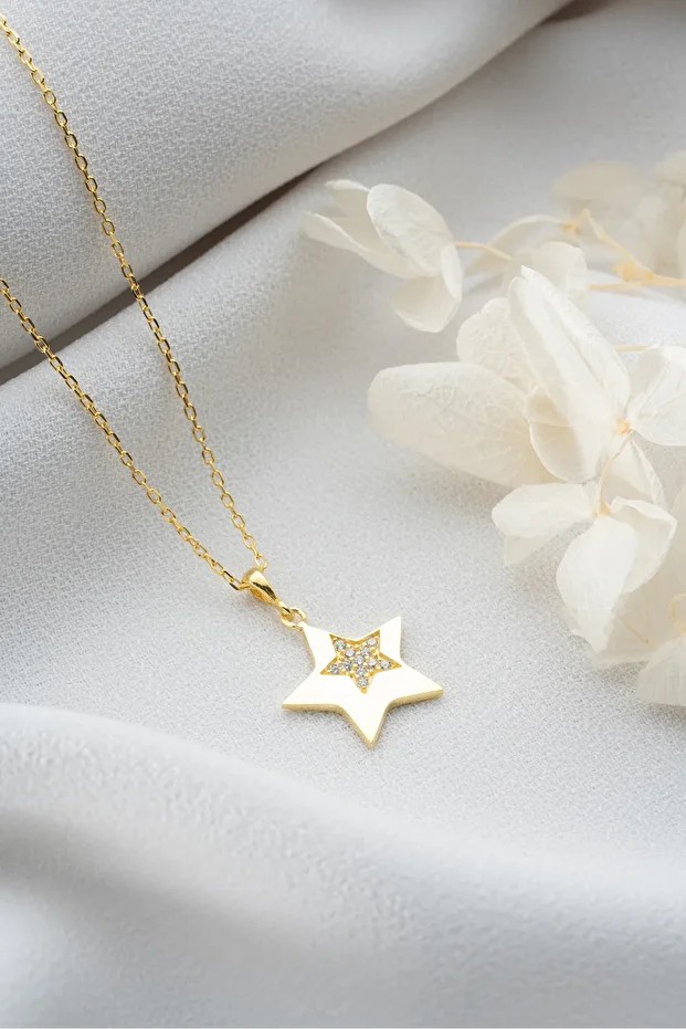 Gümüş Gold Zirkon Taşlı Yıldız Kolye