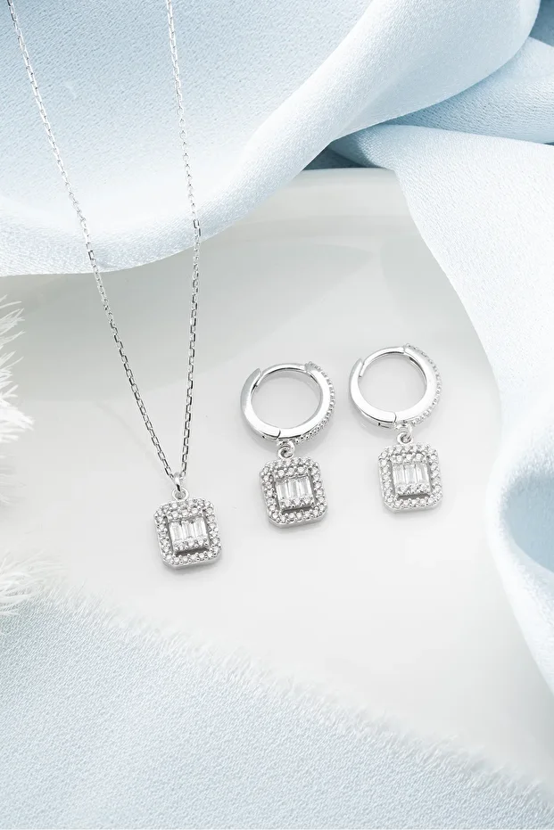 Gümüş Baget Kolye Küpe Set