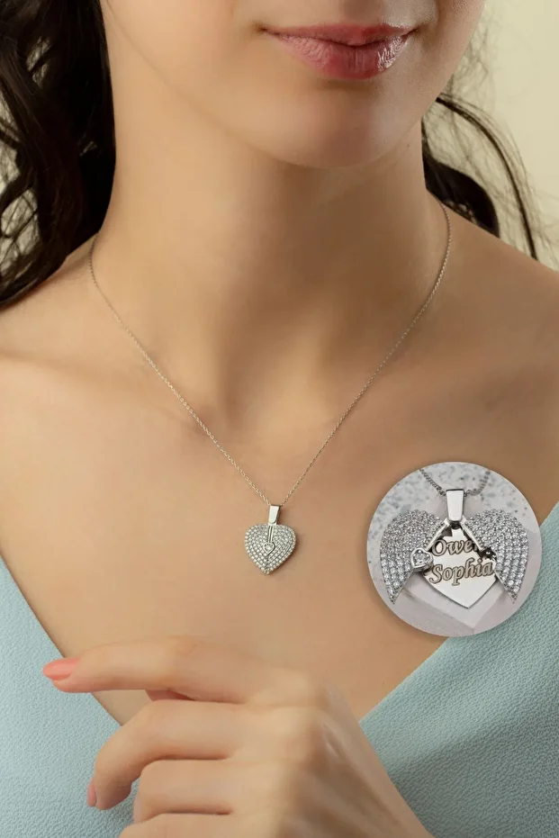 Gümüş Isimli Taşlı Açılır Kalp Kolye