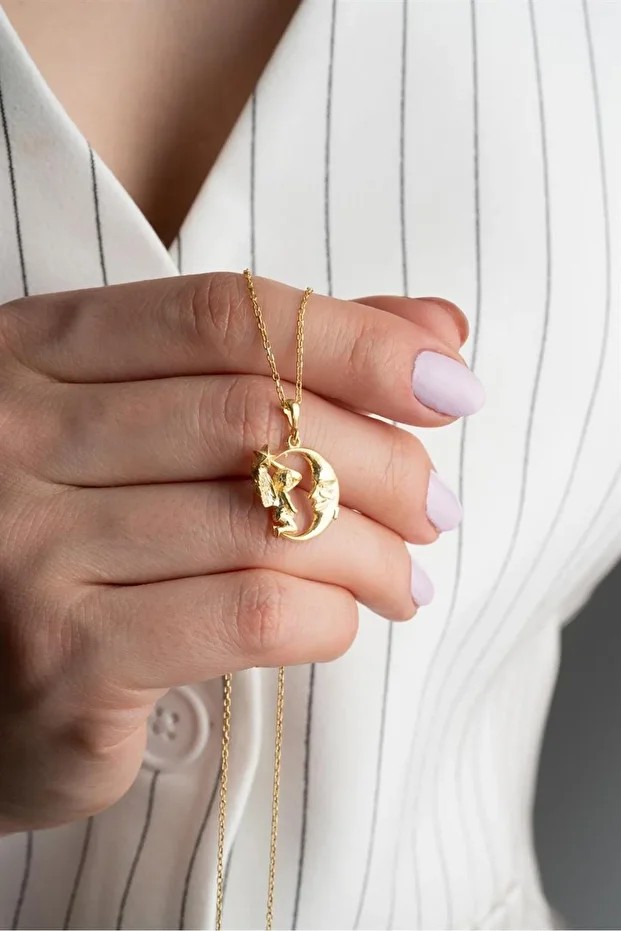 Gold Perili Hilal Gümüş Kolye