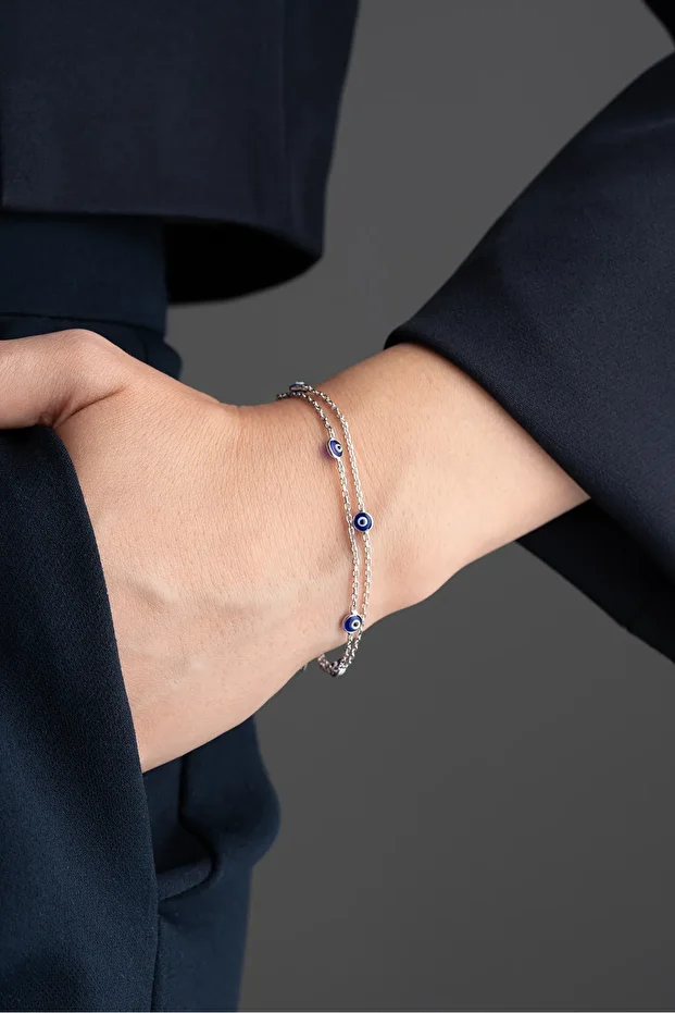 Gümüş Nazarlı Çift Zincir Bileklik