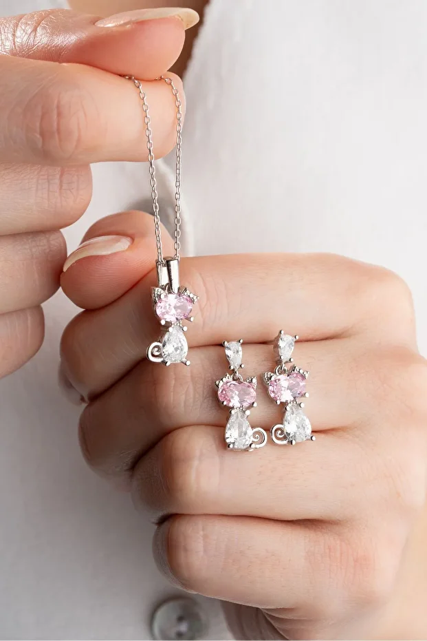 Gümüş Pembe Taşlı Kedi Kolye Küpe Seti