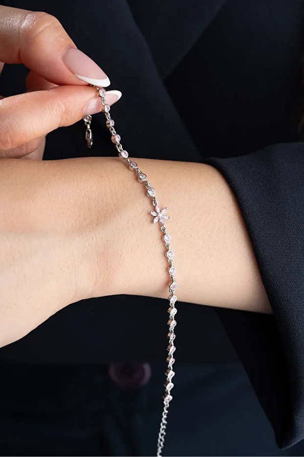 Gümüş Pembe Taşlı Lotus Su Yolu Bileklik