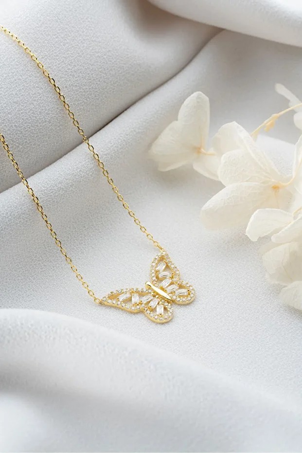 Gümüş Gold Baget Kelebek Kolye
