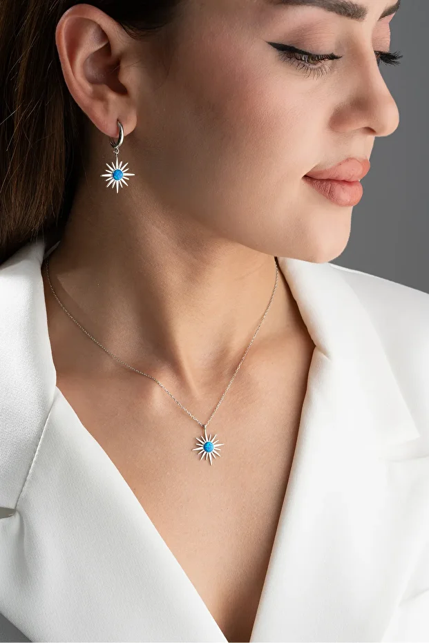 Gümüş Opal Taşlı Kutup Yıldızı (Kolye-Küpe) Seti