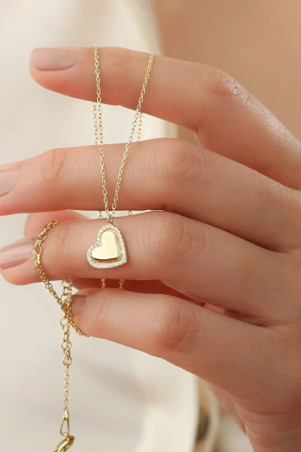 Gümüş Minimal Taşlı Kalp Gold Kolye