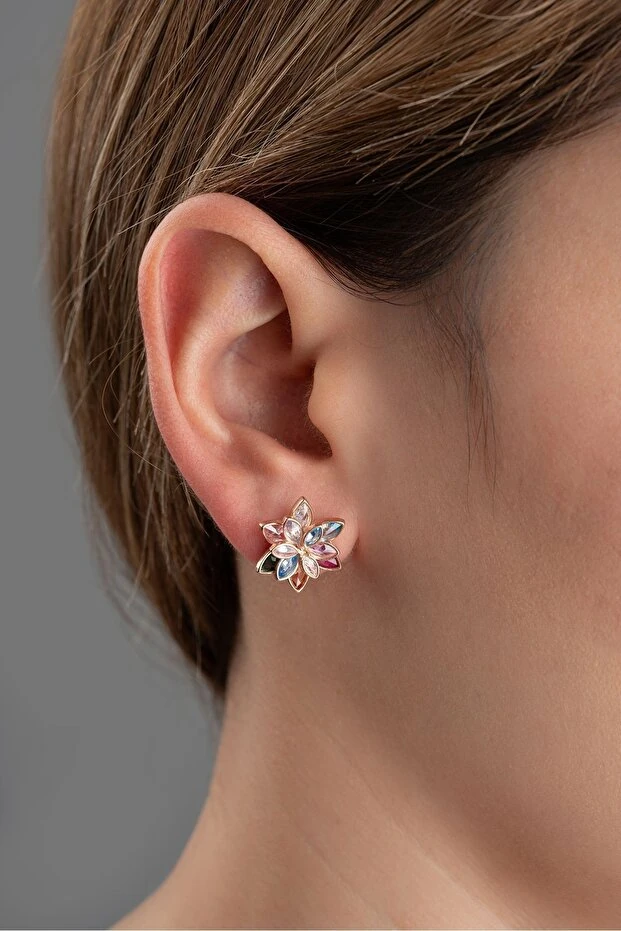 Gümüş Renkli Taşlı Lotus Küpe