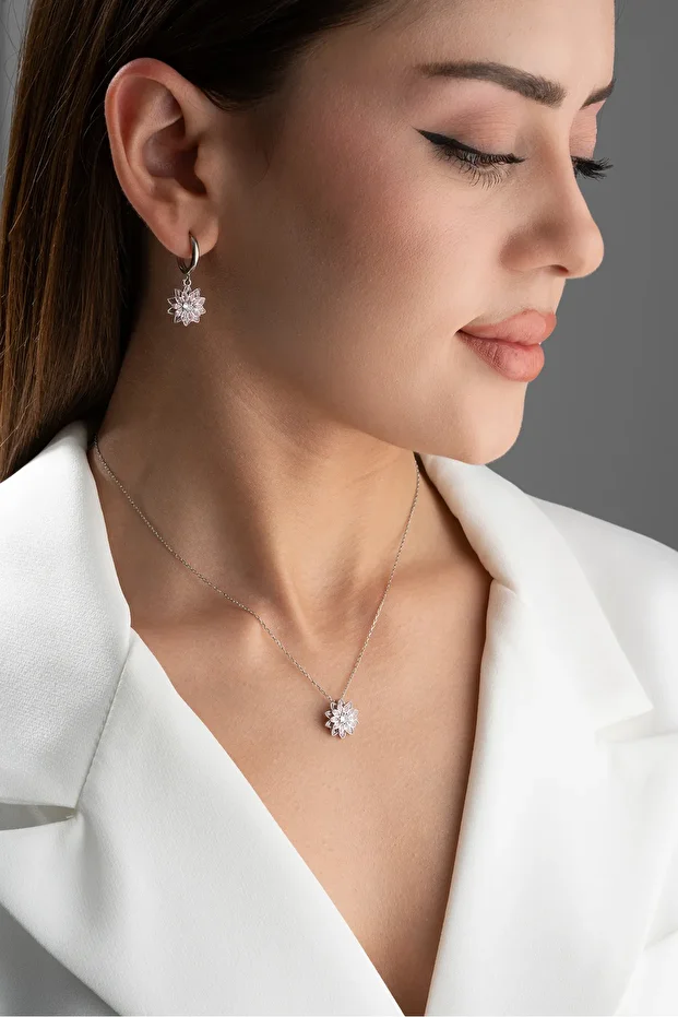 Gümüş Pembe Taşlı Kolye Küpe Set