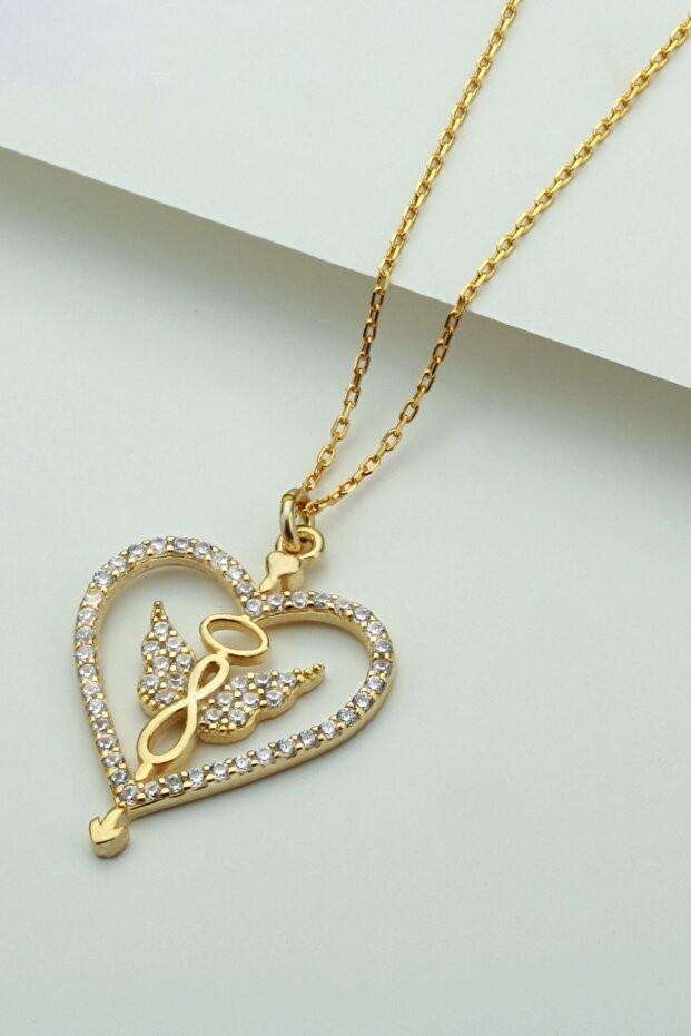 Gold Kelebekli Kalp Gümüş Kolye