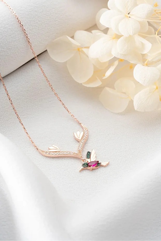 Gümüş Sallantılı Rose Arı Kuşu Kolye