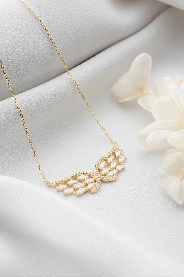 Gümüş Gold Baget Taşlı Kanat Kolye