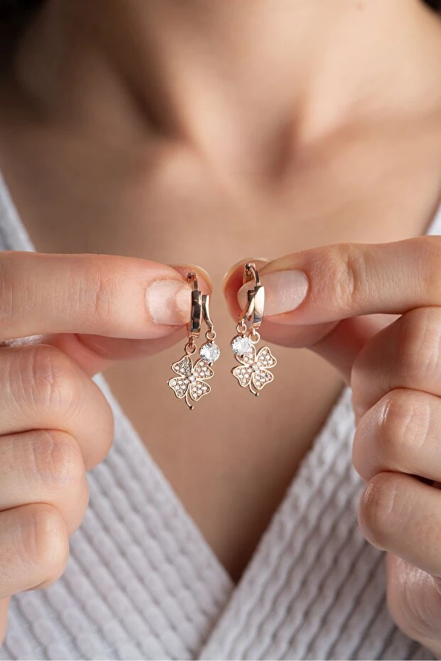 Gümüş Çift Taşlı Yonca Küpe