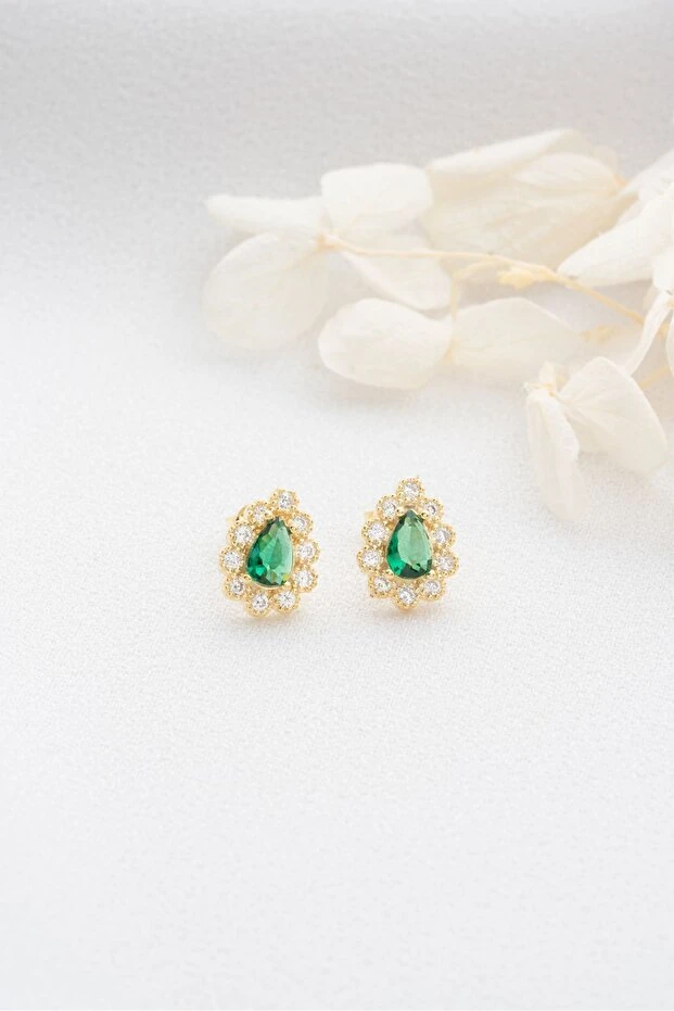 Gümüş Zümrüt Yeşili Minik Damla Küpe