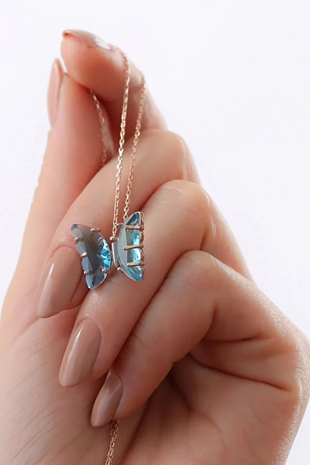 Gümüş Rose Turkuaz Cam Kelebek Kolye