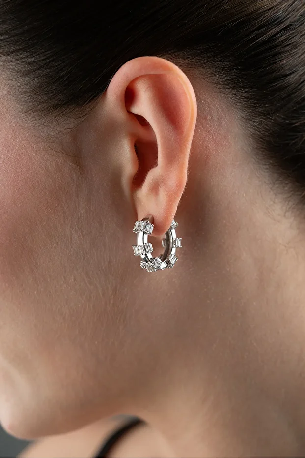 Gümüş Halka Baget Taşlı Küpe