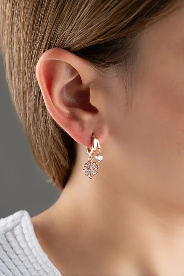 Gümüş Çift Taşlı Yonca Küpe